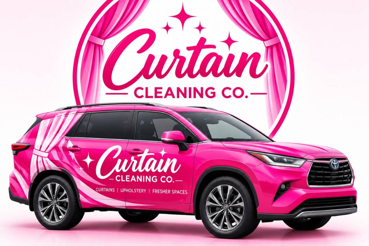 Curtain Cleaning Co. pink-and-white branding and vehicle design